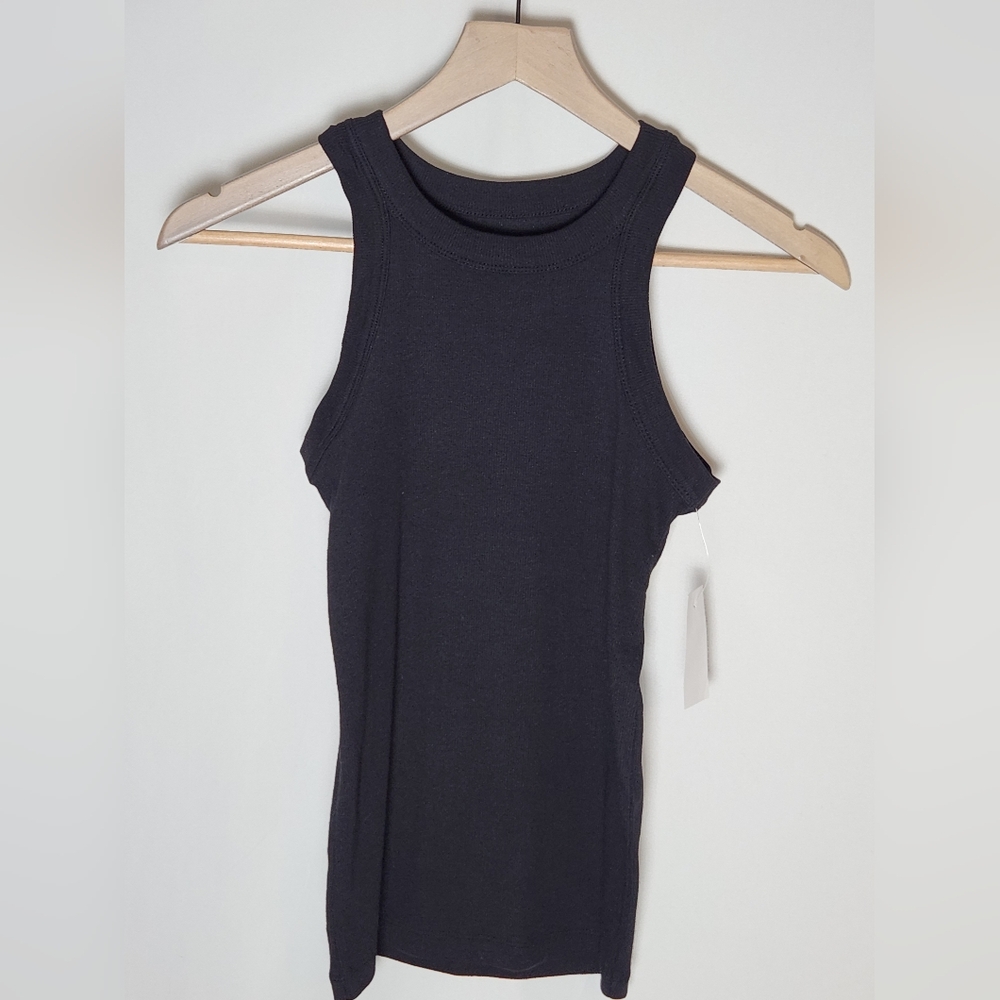 Loft XS High Neck Ribbed Stretchy Sleeveless Black Tank Top NWT